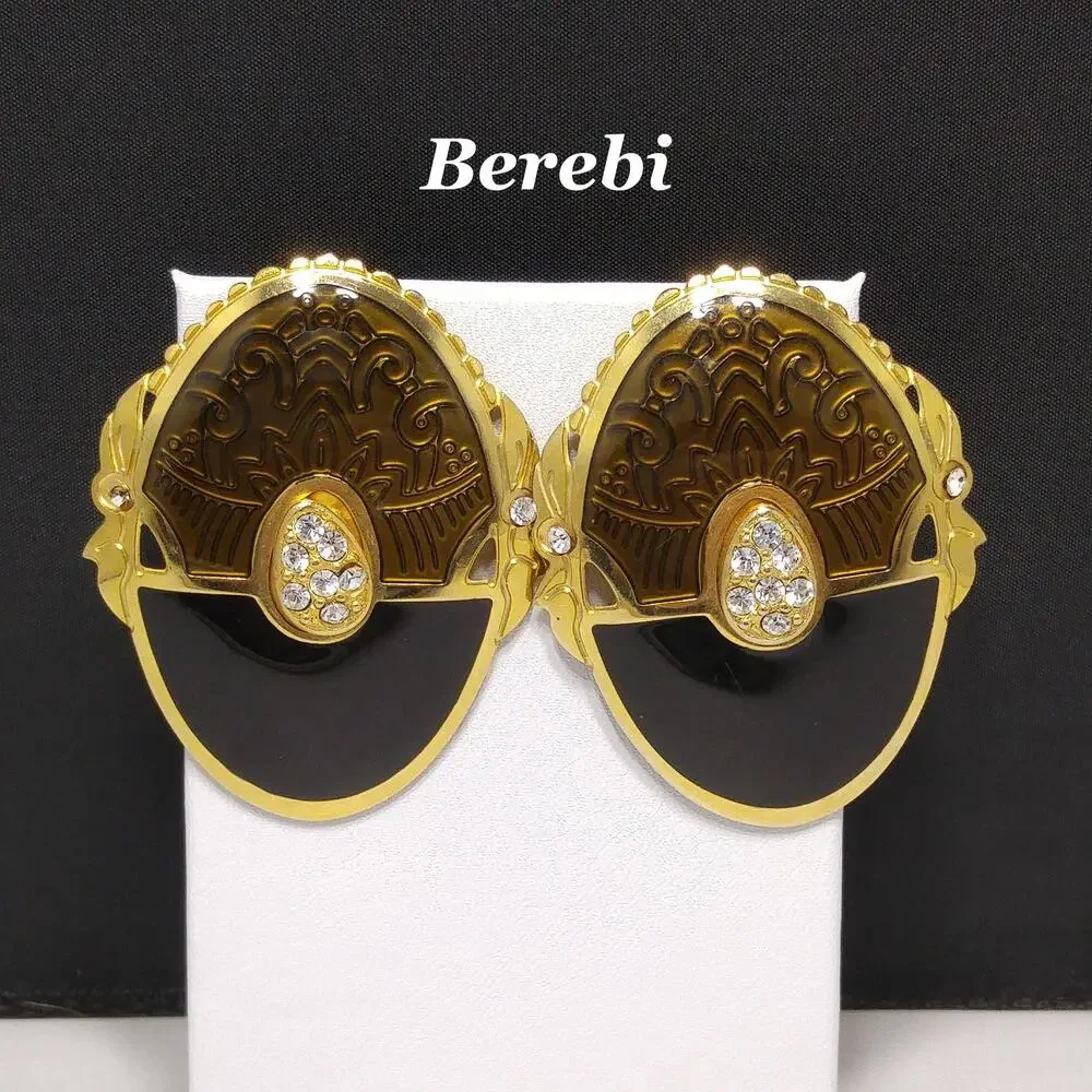 Berebi Large Enamel Rhinestone Post Earrings, Textured Brown & Black, 1980s